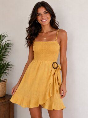American Eagle Mustard Yellow Wrap Tie Mini Dress Small